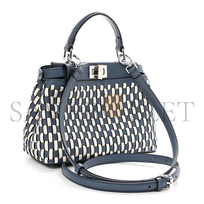 FENDI CALFSKIN WOVEN MINI PEEKABOO ICONIC SATCHEL MIRTO WHITE ICE (24*18.5*10.5cm)